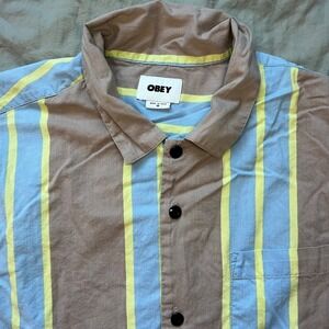 OBEY Button Up Shirt Mens Medium Striped Short Sleeve Fair Trade Certified